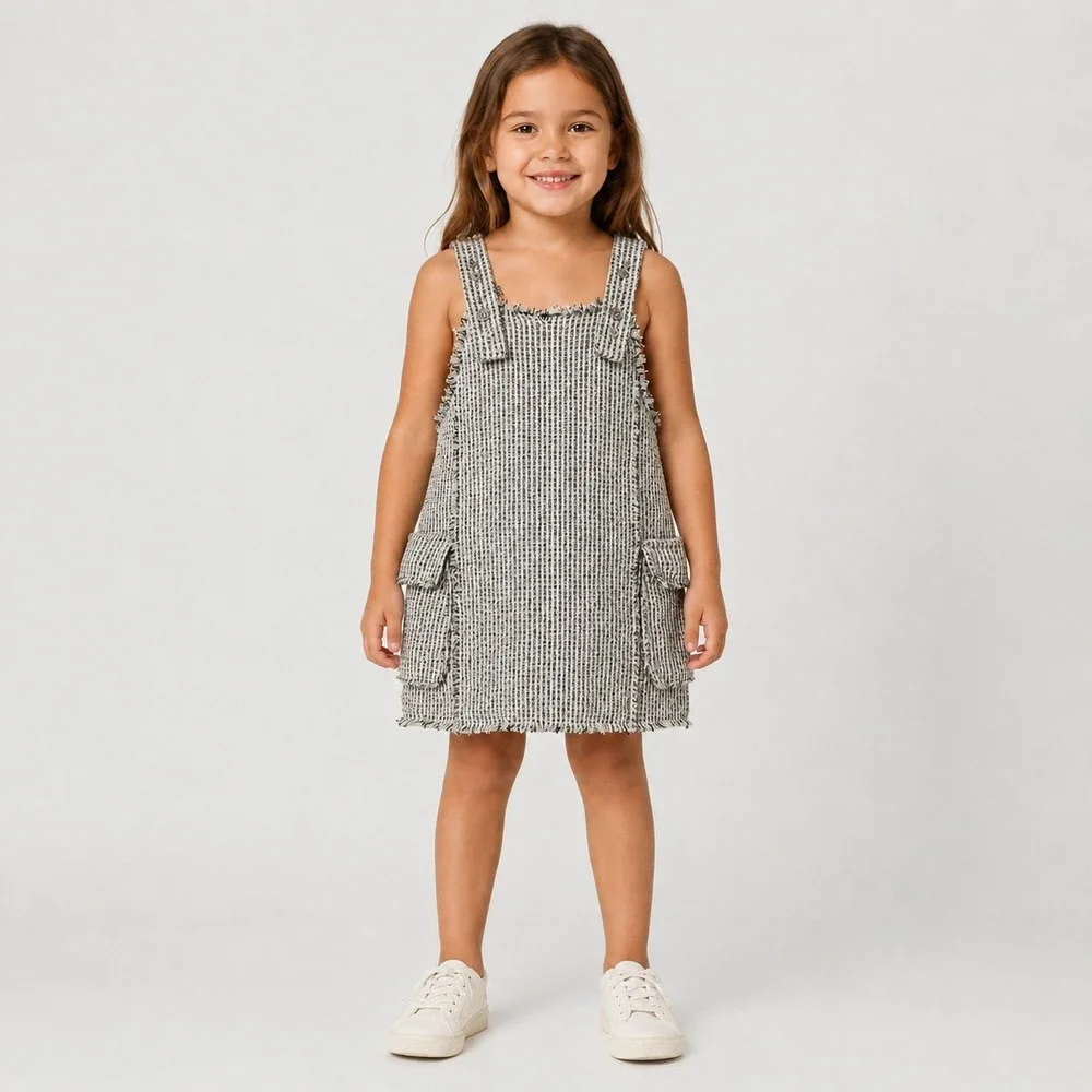 Zara Girls Boucle Tweed Pinafore Dress Cargo‎ Pocket Jumper Size 6 NWT